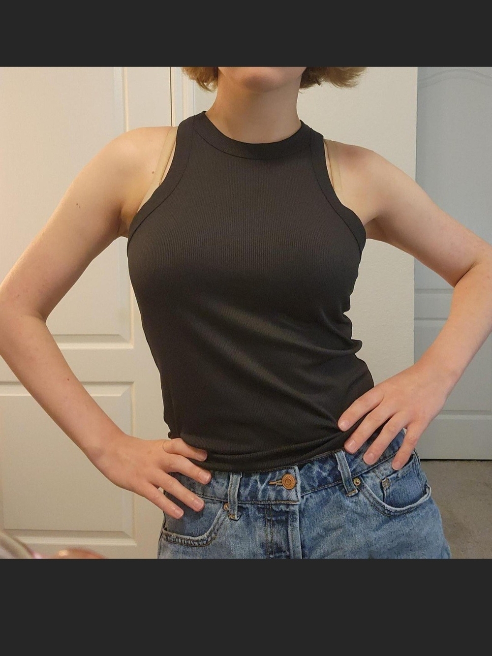 90s Minimalist Ribbed High Neck Racerback Tank Charcoal Grey Size L